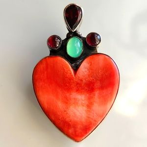 Vintage Sterling Silver Southwestern Spiny Oyster Heart Shaped Brooch Pendant